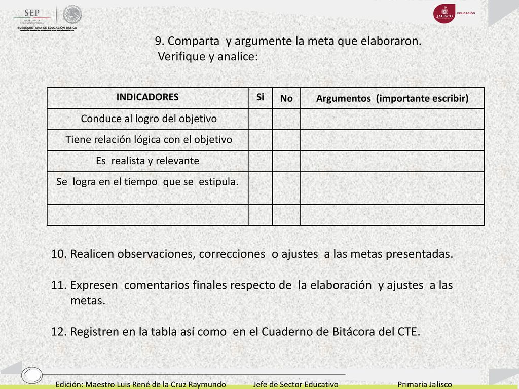 9. Comparta y argumente la meta que elaboraron. Verifique y analice: