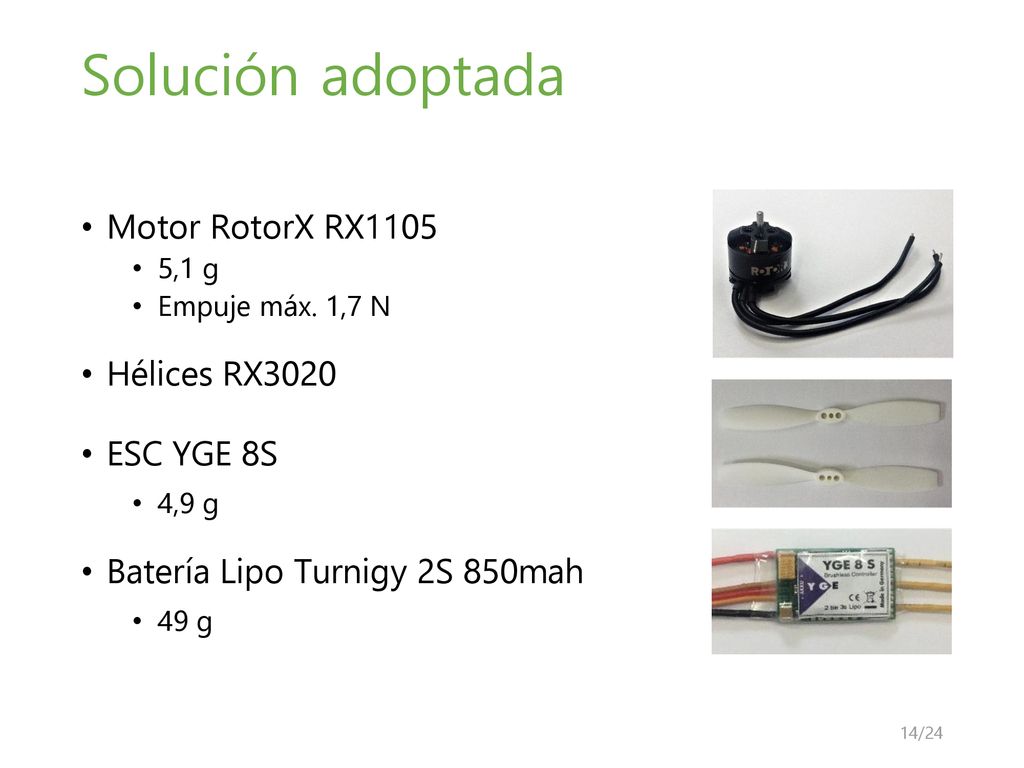 Solución adoptada Motor RotorX RX1105 Hélices RX3020 ESC YGE 8S