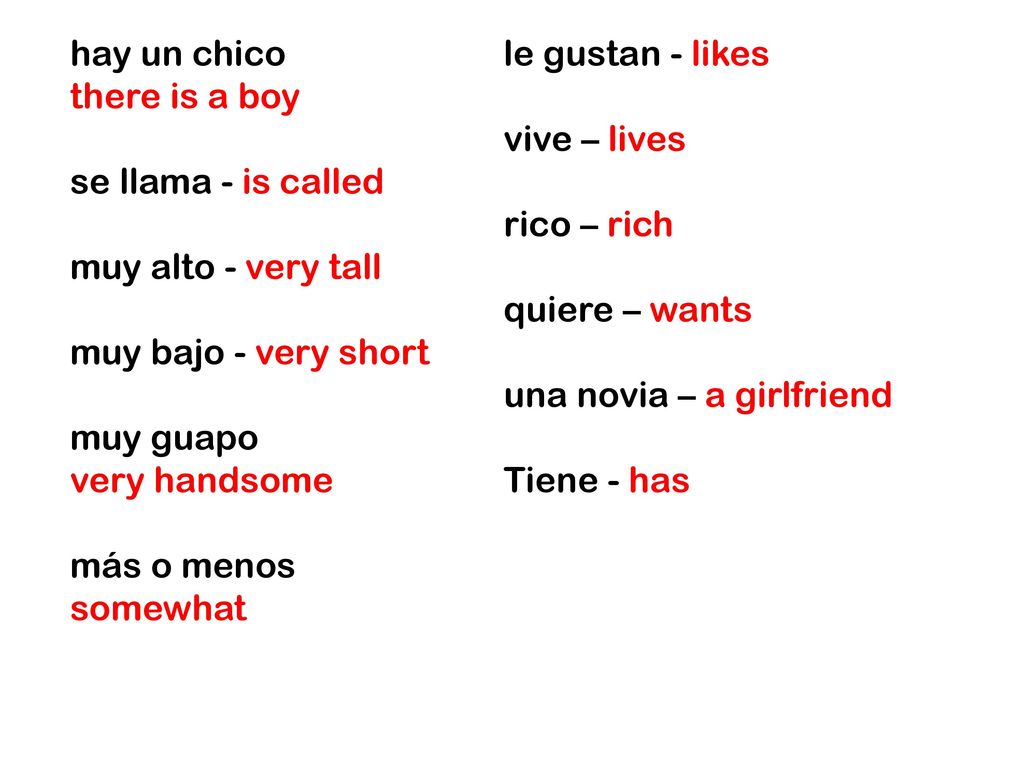 hay un chico le gustan - likes. there is a boy. vive – lives. se llama - is called. rico – rich.
