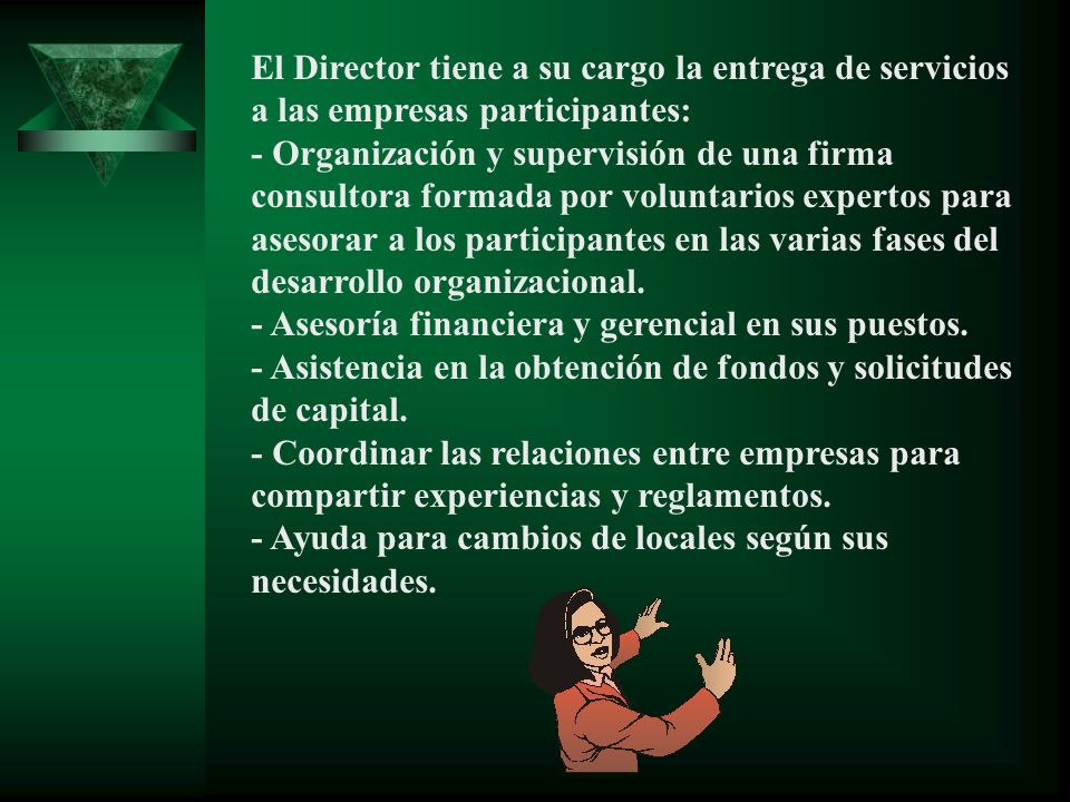 El Director tiene a su cargo la entrega de servicios a las empresas participantes: