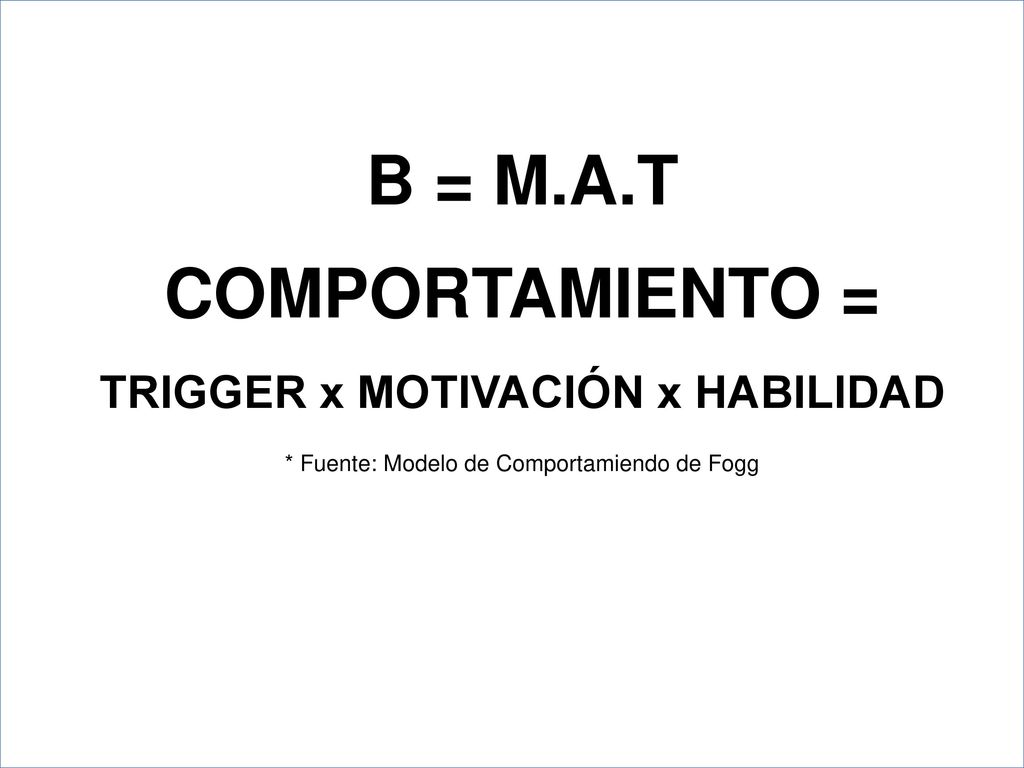 B = M.A.T COMPORTAMIENTO = TRIGGER x MOTIVACIÓN x HABILIDAD