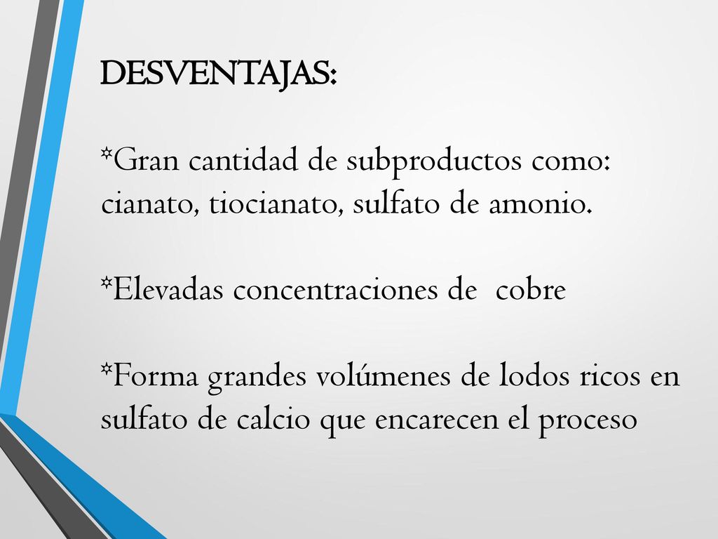 DESVENTAJAS: *Gran cantidad de subproductos como: cianato, tiocianato, sulfato de amonio.