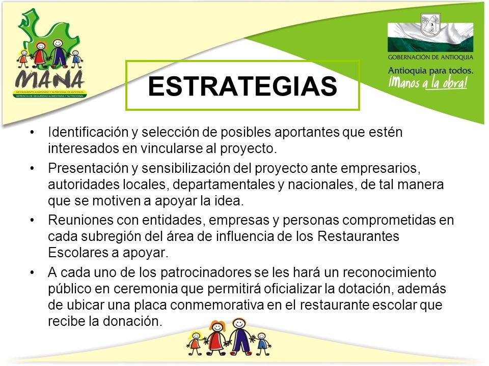 ESTRATEGIAS Identificación y selección de posibles aportantes que estén interesados en vincularse al proyecto.