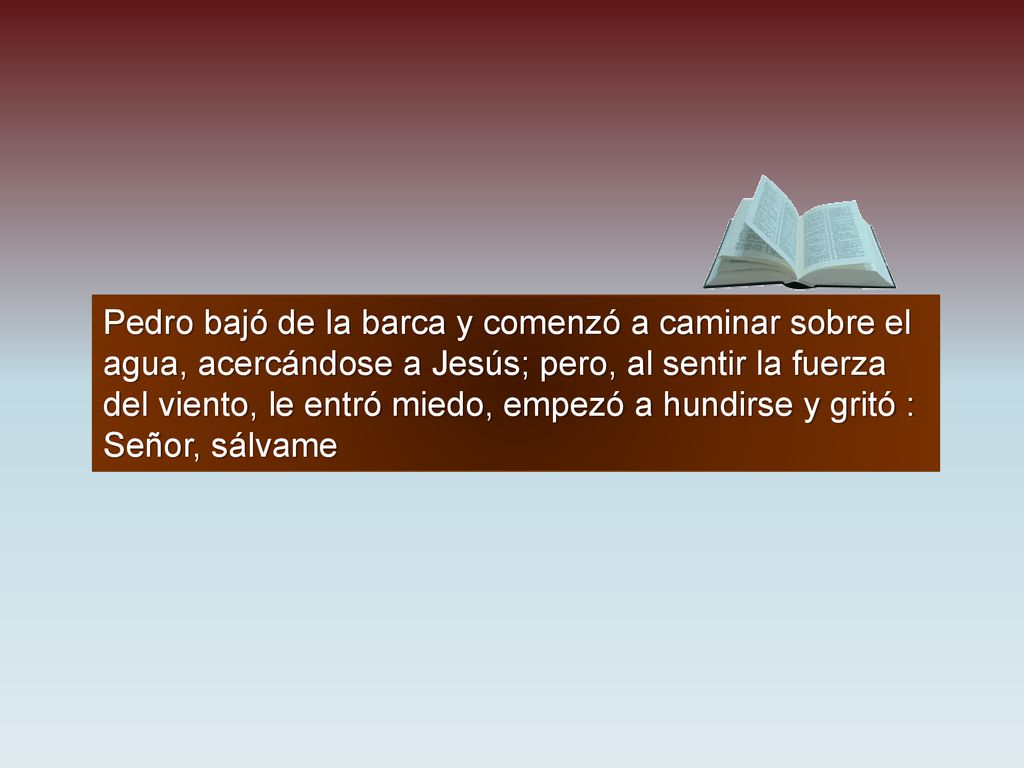 Pedro bajó de la barca y comenzó a caminar sobre el agua, acercándose a Jesús; pero, al sentir la fuerza del viento, le entró miedo, empezó a hundirse y gritó : Señor, sálvame