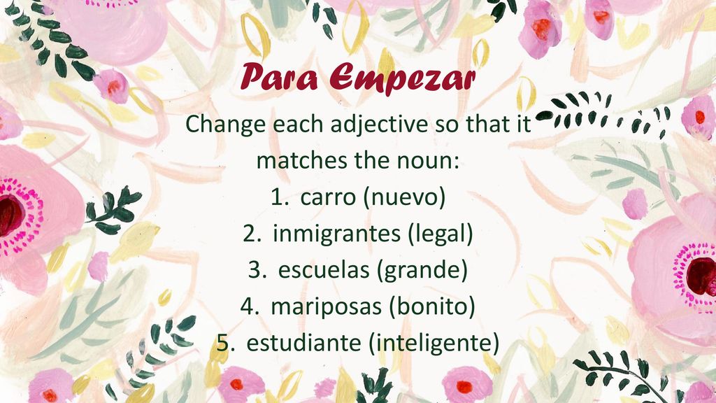 Para Empezar Change each adjective so that it matches the noun:
