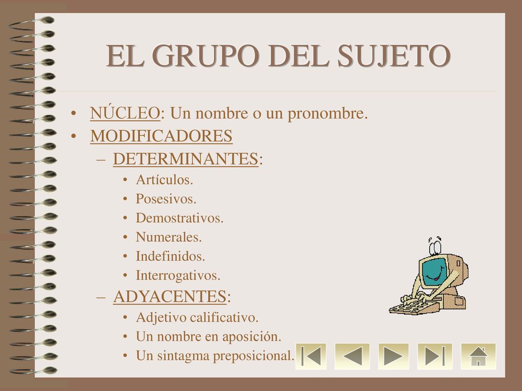 EL GRUPO DEL SUJETO NÚCLEO: Un nombre o un pronombre. MODIFICADORES