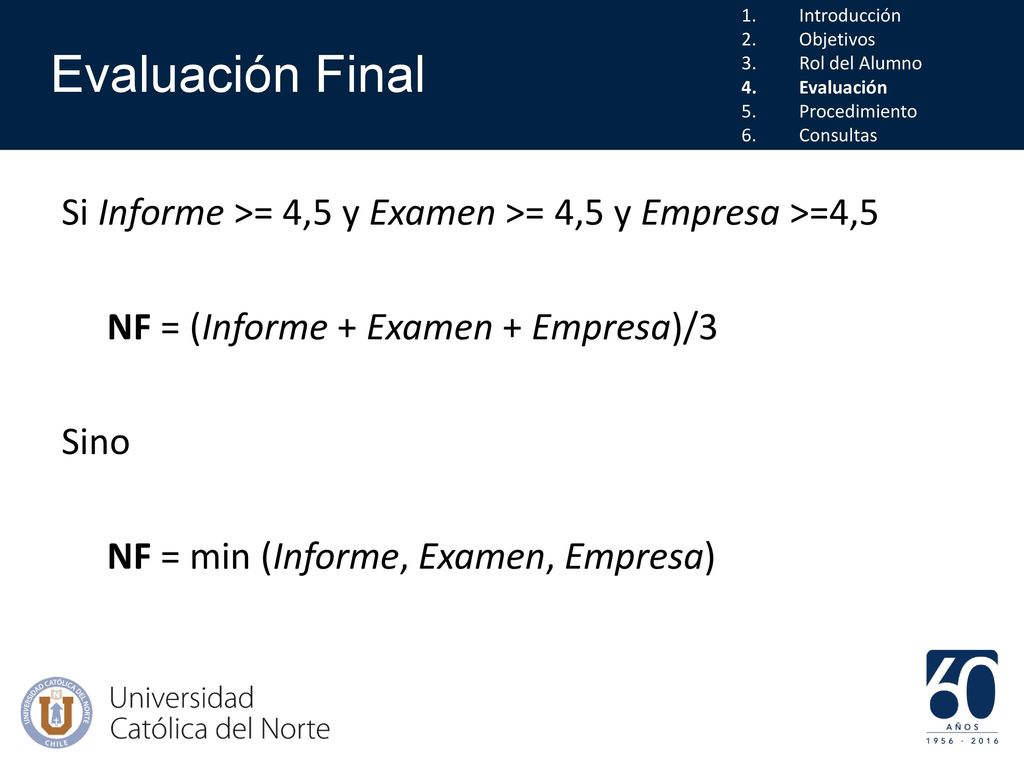 Evaluación Final Introducción. Objetivos. Rol del Alumno. Evaluación. Procedimiento. Consultas.