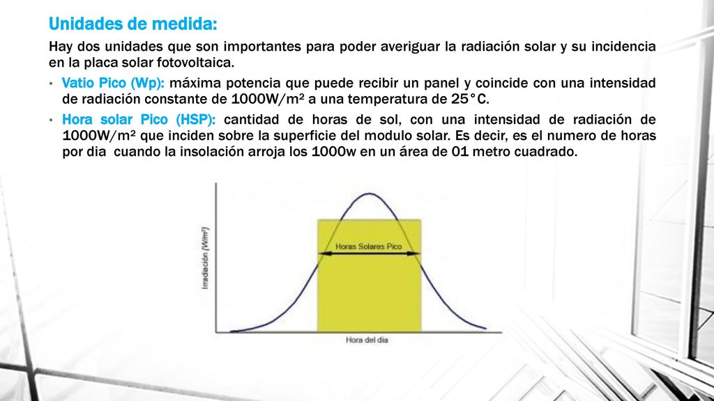 Unidades de medida: Hay dos unidades que son importantes para poder averiguar la radiación solar y su incidencia en la placa solar fotovoltaica.