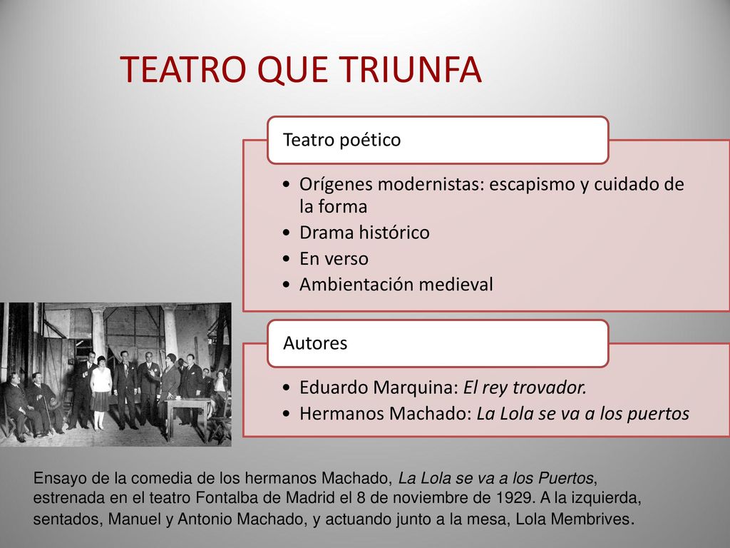 TEATRO QUE TRIUNFA Orígenes modernistas: escapismo y cuidado de la forma. Drama histórico. En verso.