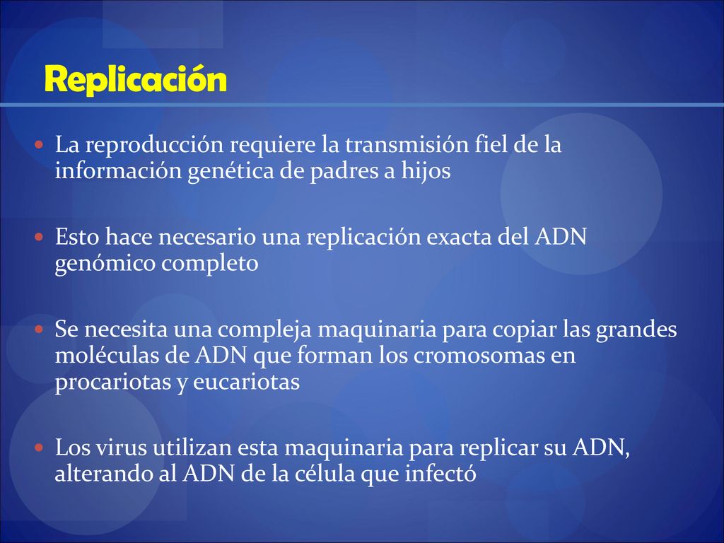 Replicación La reproducción requiere la transmisión fiel de la información genética de padres a hijos.