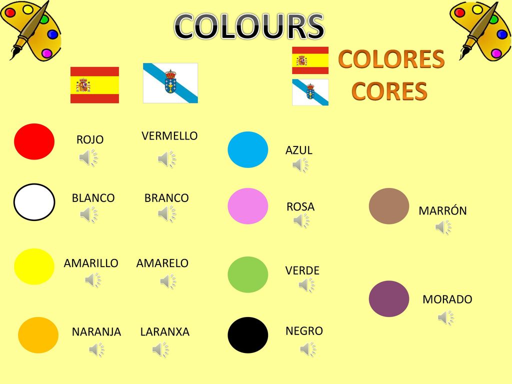 COLOURS COLORES CORES VERMELLO ROJO AZUL BLANCO BRANCO ROSA MARRÓN