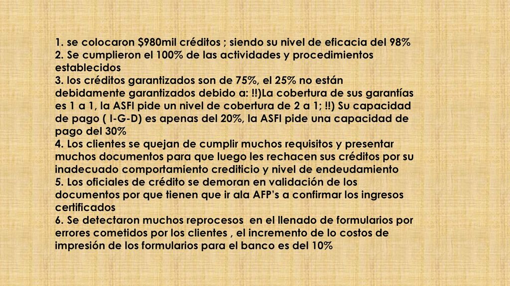 1. se colocaron $980mil créditos ; siendo su nivel de eficacia del 98% 2.