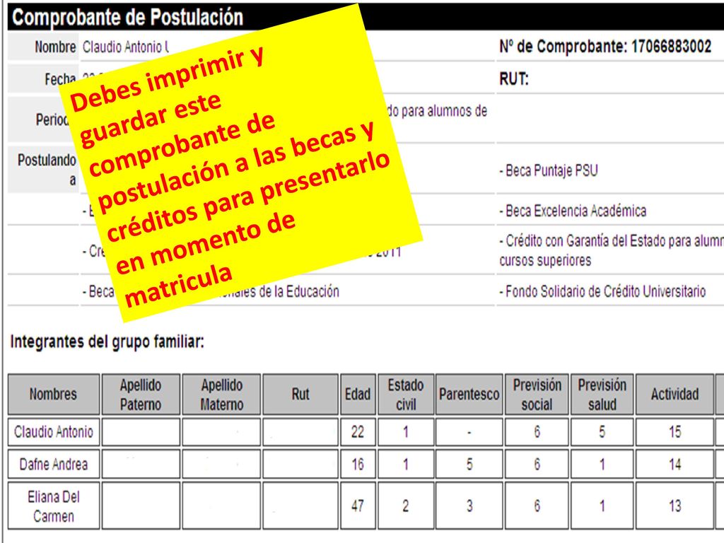 Debes imprimir y guardar este comprobante de postulación a las becas y créditos para presentarlo en momento de matricula