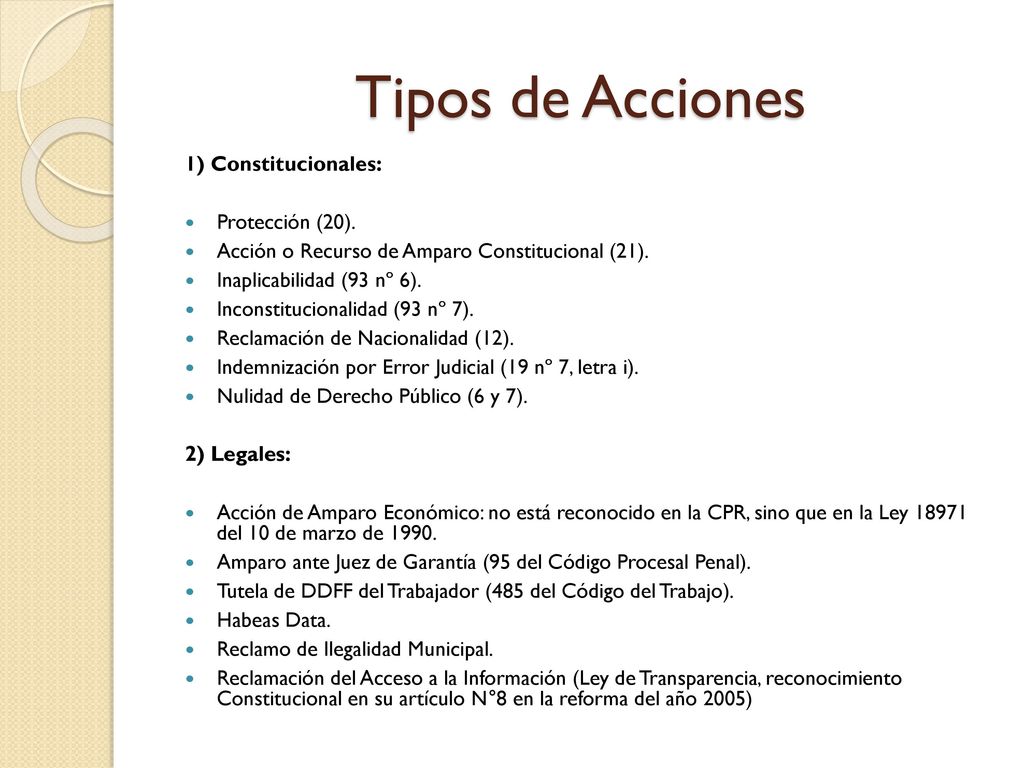 Tipos de Acciones 1) Constitucionales: Protección (20).