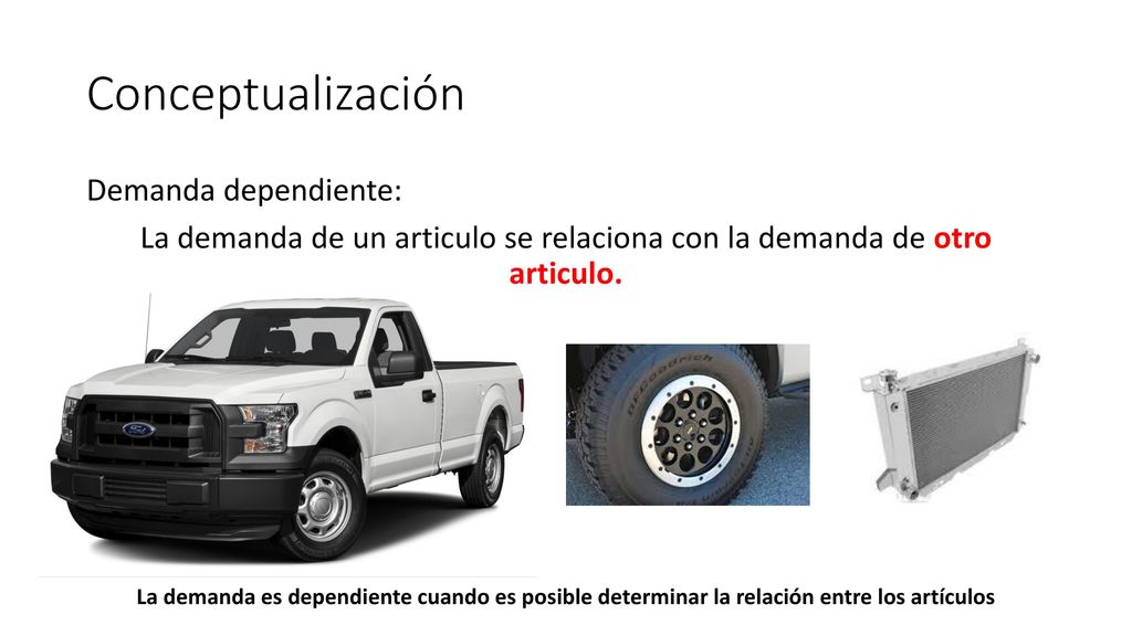 Conceptualización Demanda dependiente: La demanda de un articulo se relaciona con la demanda de otro articulo.
