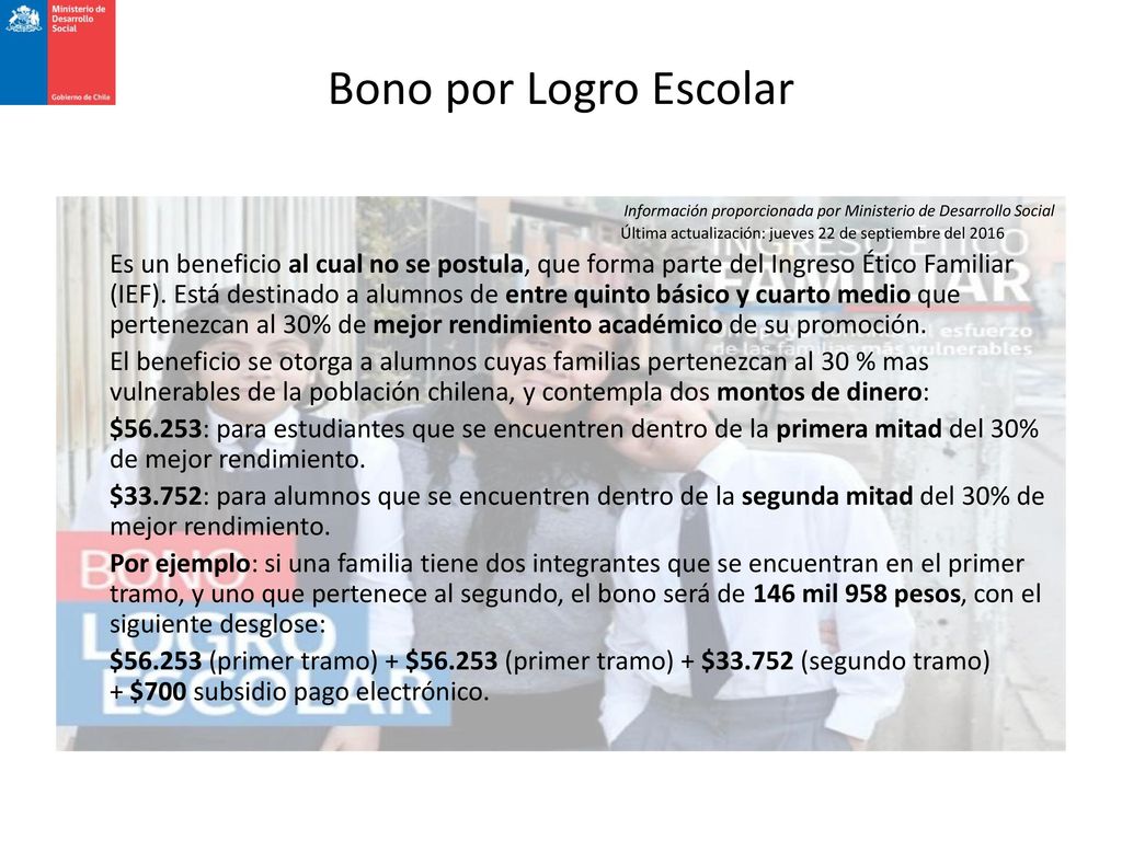 Bono por Logro Escolar Información proporcionada por Ministerio de Desarrollo Social. Última actualización: jueves 22 de septiembre del