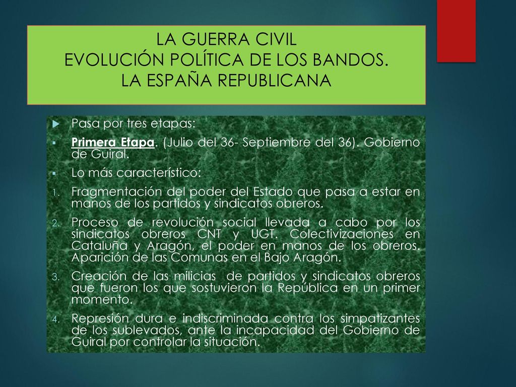 LA GUERRA CIVIL EVOLUCIÓN POLÍTICA DE LOS BANDOS. LA ESPAÑA REPUBLICANA