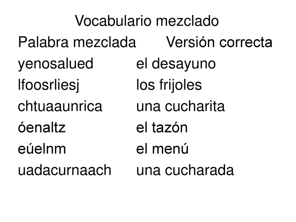 Vocabulario mezclado Palabra mezclada Versión correcta. yenosalued el desayuno. lfoosrliesj los frijoles.