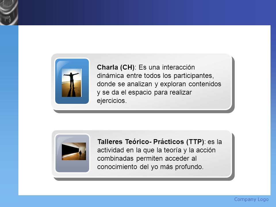 Charla (CH): Es una interacción dinámica entre todos los participantes, donde se analizan y exploran contenidos y se da el espacio para realizar ejercicios.