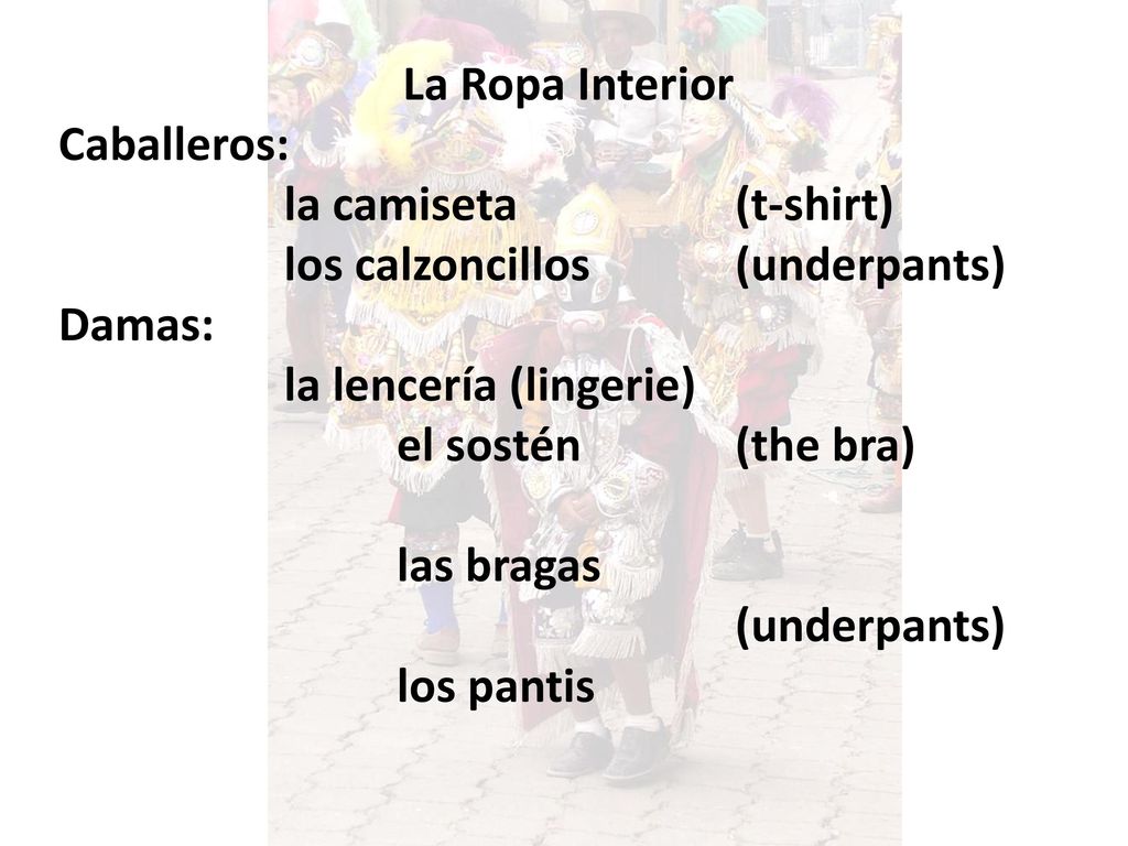 La Ropa Interior Caballeros: la camiseta (t-shirt) los calzoncillos (underpants) Damas: la lencería (lingerie)