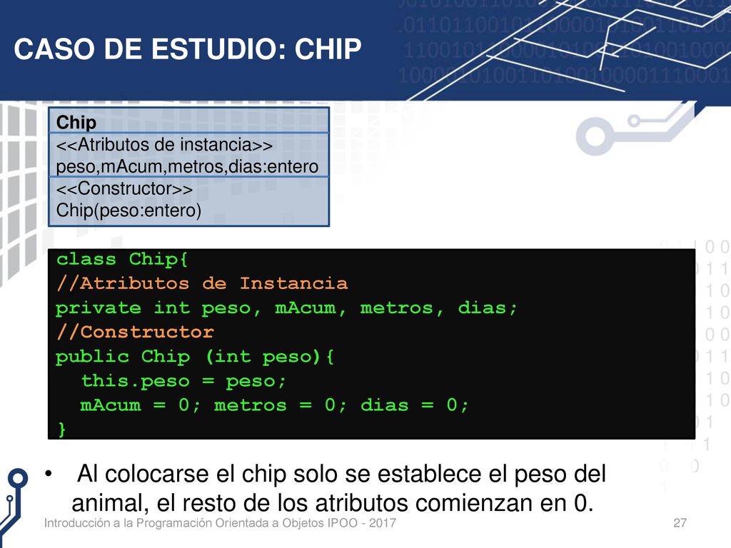 CASO DE ESTUDIO: CHIP Al colocarse el chip solo se establece el peso del animal, el resto de los atributos comienzan en 0.