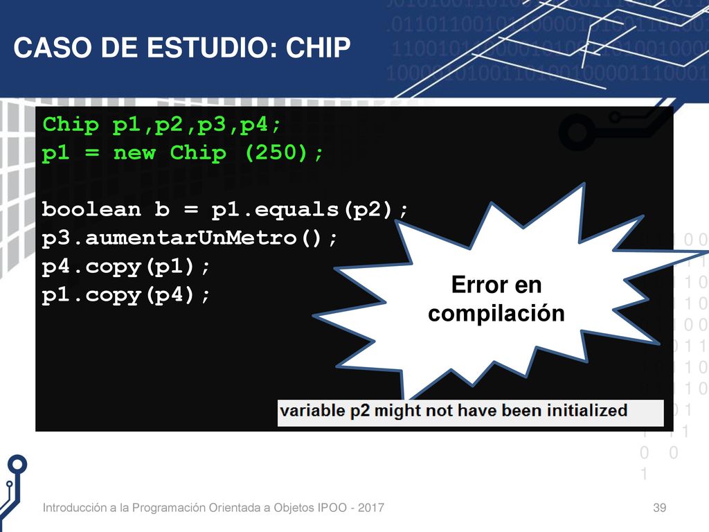 CASO DE ESTUDIO: CHIP Chip p1,p2,p3,p4; p1 = new Chip (250); boolean b = p1.equals(p2); p3.aumentarUnMetro(); p4.copy(p1); p1.copy(p4);