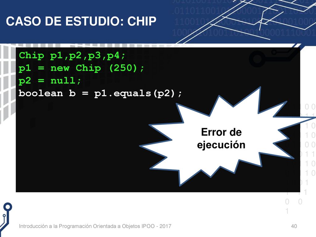 CASO DE ESTUDIO: CHIP Chip p1,p2,p3,p4; p1 = new Chip (250); p2 = null; boolean b = p1.equals(p2);