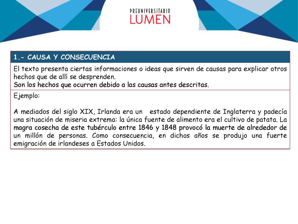 1.- CAUSA Y CONSECUENCIA El texto presenta ciertas informaciones o ideas que sirven de causas para explicar otros hechos que de allí se desprenden.