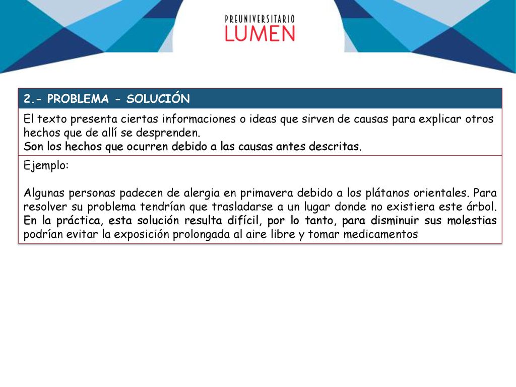 2.- PROBLEMA - SOLUCIÓN El texto presenta ciertas informaciones o ideas que sirven de causas para explicar otros hechos que de allí se desprenden.