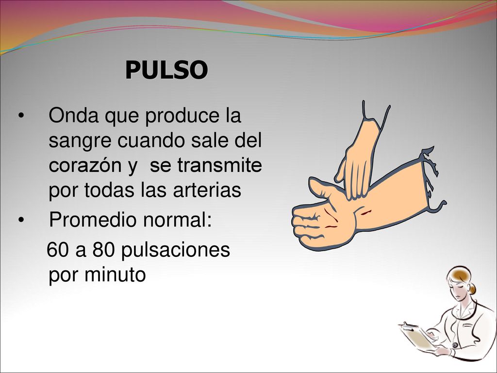 PULSO Onda que produce la sangre cuando sale del corazón y se transmite por todas las arterias. Promedio normal: