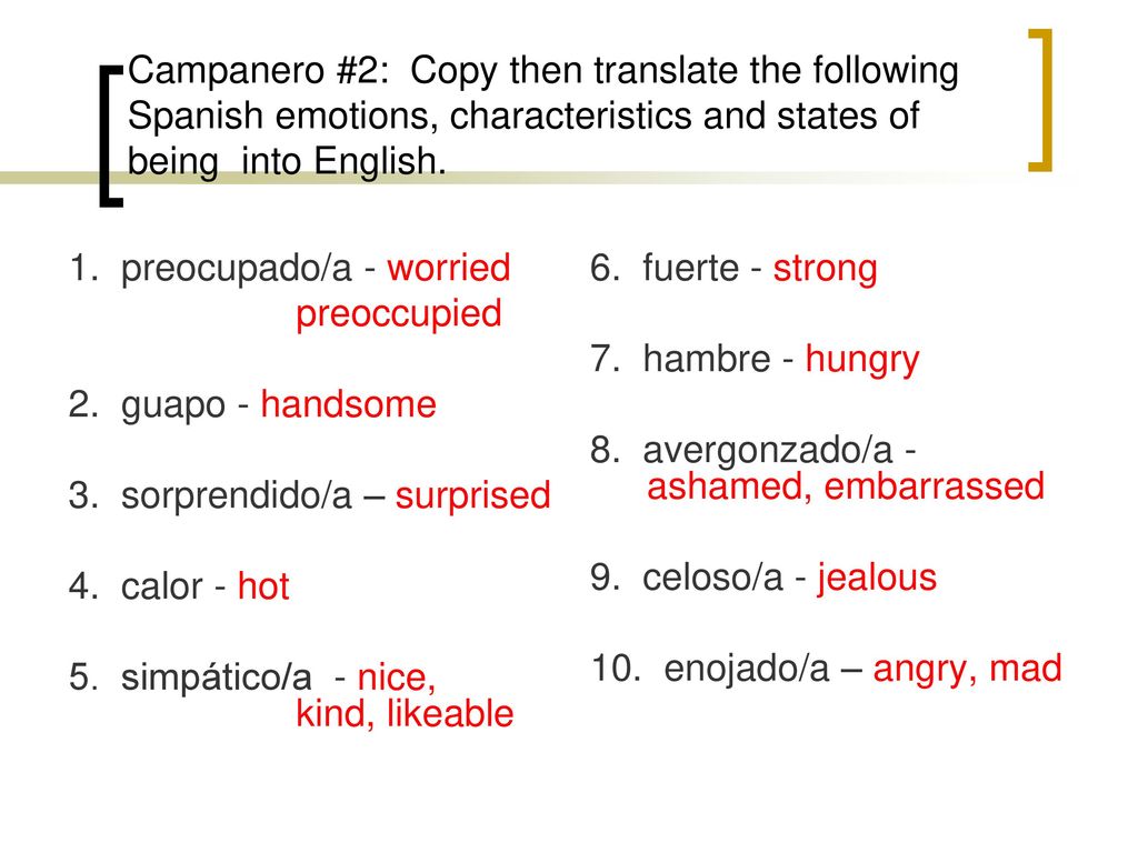 Campanero #2: Copy then translate the following Spanish emotions, characteristics and states of being into English.