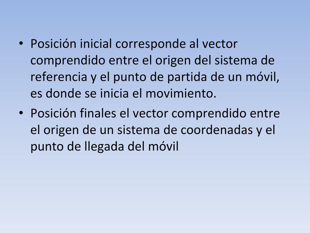 Posición inicial corresponde al vector comprendido entre el origen del sistema de referencia y el punto de partida de un móvil, es donde se inicia el movimiento.