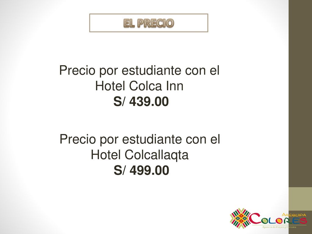 Precio por estudiante con el Hotel Colca Inn S/