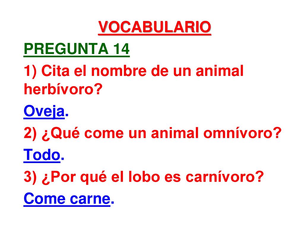 vocabulario pregunta 14 1) Cita el nombre de un animal herbívoro.