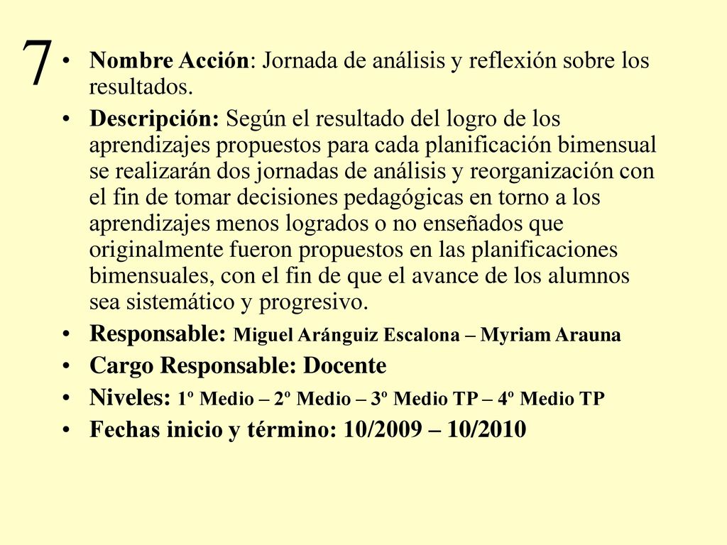 7 Nombre Acción: Jornada de análisis y reflexión sobre los resultados.