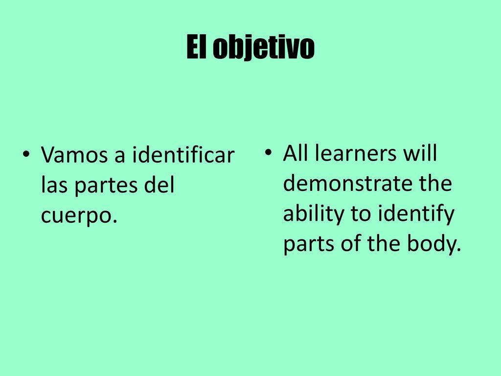 El objetivo All learners will demonstrate the ability to identify parts of the body.