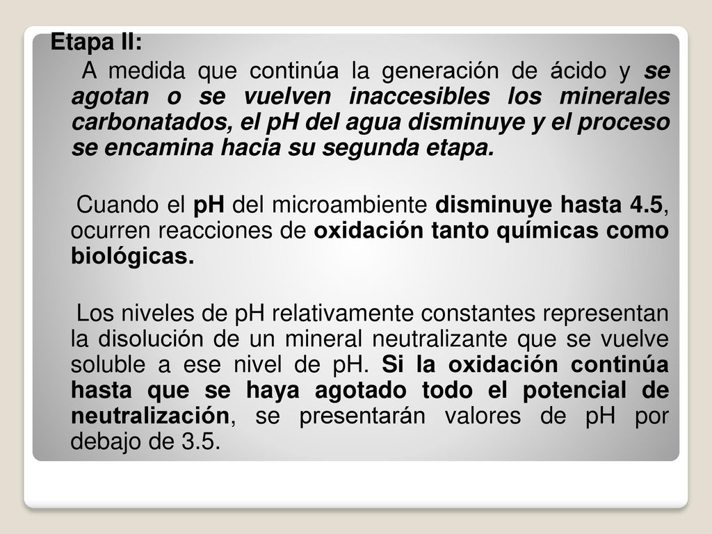 Etapa II: A medida que continúa la generación de ácido y se agotan o se vuelven inaccesibles los minerales carbonatados, el pH del agua disminuye y el proceso se encamina hacia su segunda etapa.