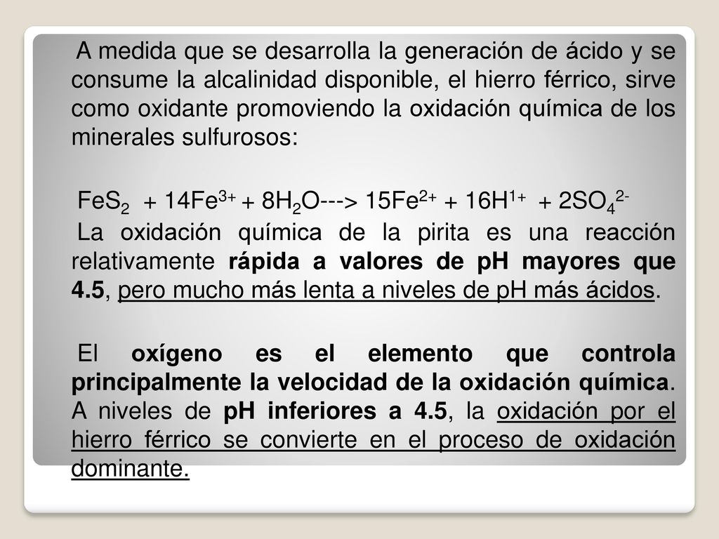 A medida que se desarrolla la generación de ácido y se consume la alcalinidad disponible, el hierro férrico, sirve como oxidante promoviendo la oxidación química de los minerales sulfurosos: FeS2 + 14Fe3+ + 8H2O---> 15Fe H1+ + 2SO42- La oxidación química de la pirita es una reacción relativamente rápida a valores de pH mayores que 4.5, pero mucho más lenta a niveles de pH más ácidos.