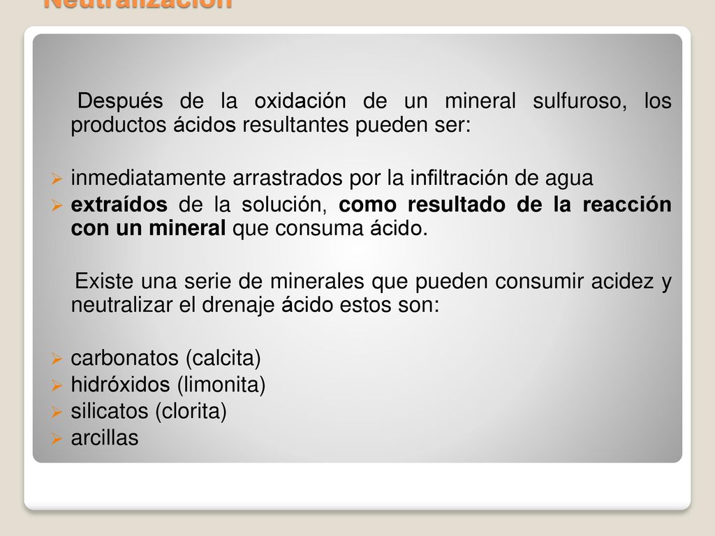 Neutralización Después de la oxidación de un mineral sulfuroso, los productos ácidos resultantes pueden ser: