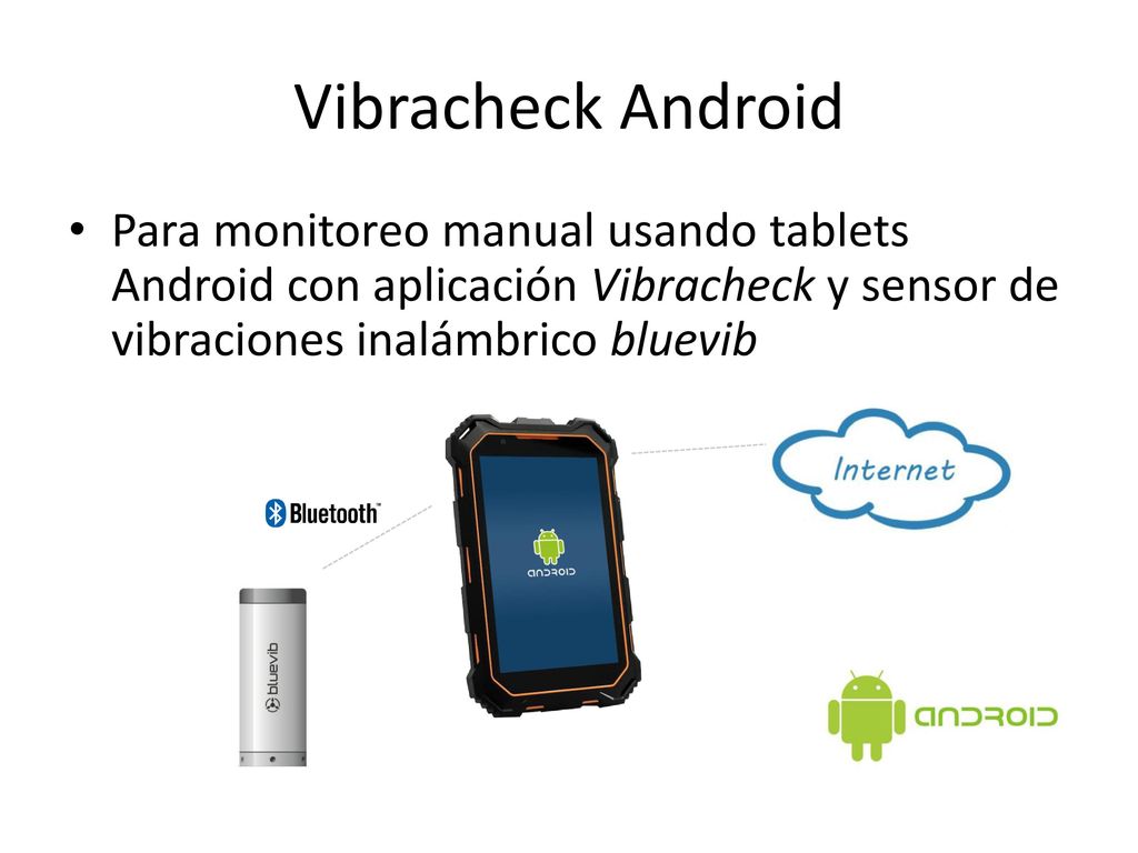 Vibracheck Android Para monitoreo manual usando tablets Android con aplicación Vibracheck y sensor de vibraciones inalámbrico bluevib.
