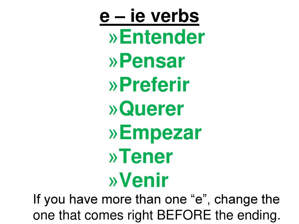 Entender Pensar Preferir Querer Empezar Tener Venir e – ie verbs