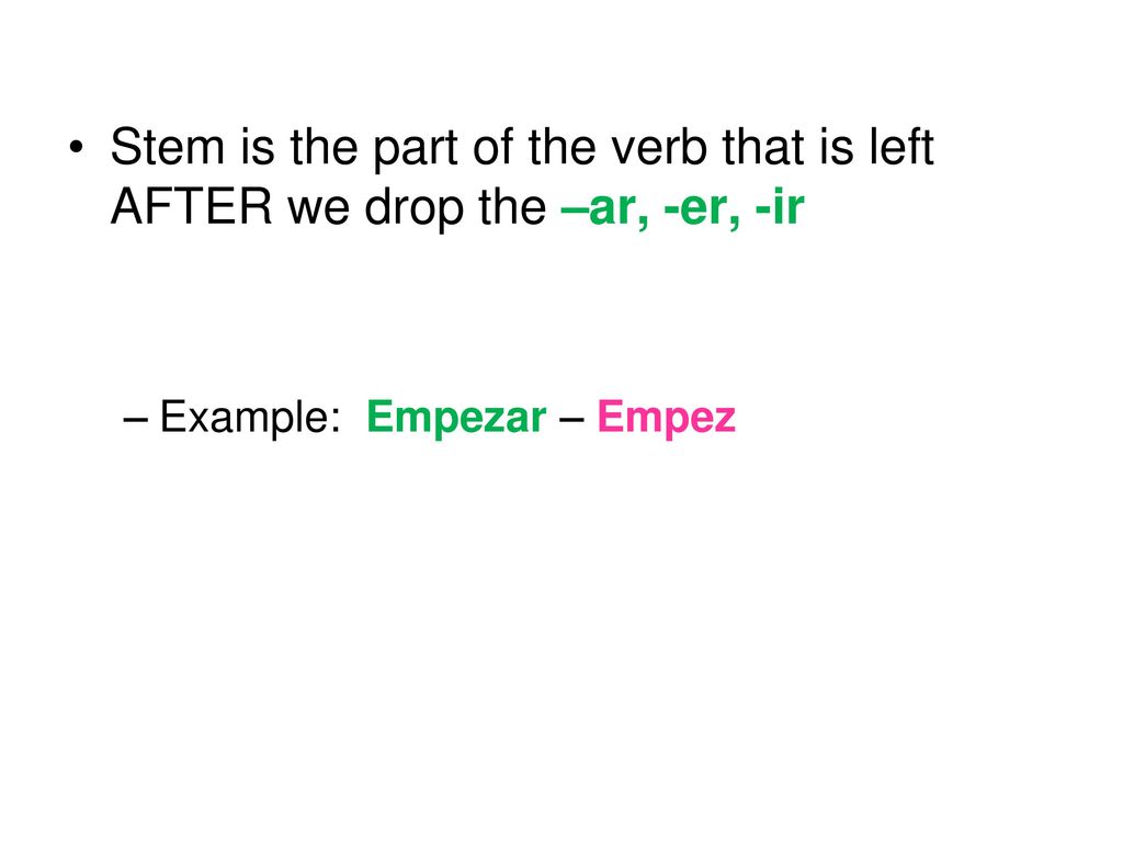 Stem is the part of the verb that is left AFTER we drop the –ar, -er, -ir