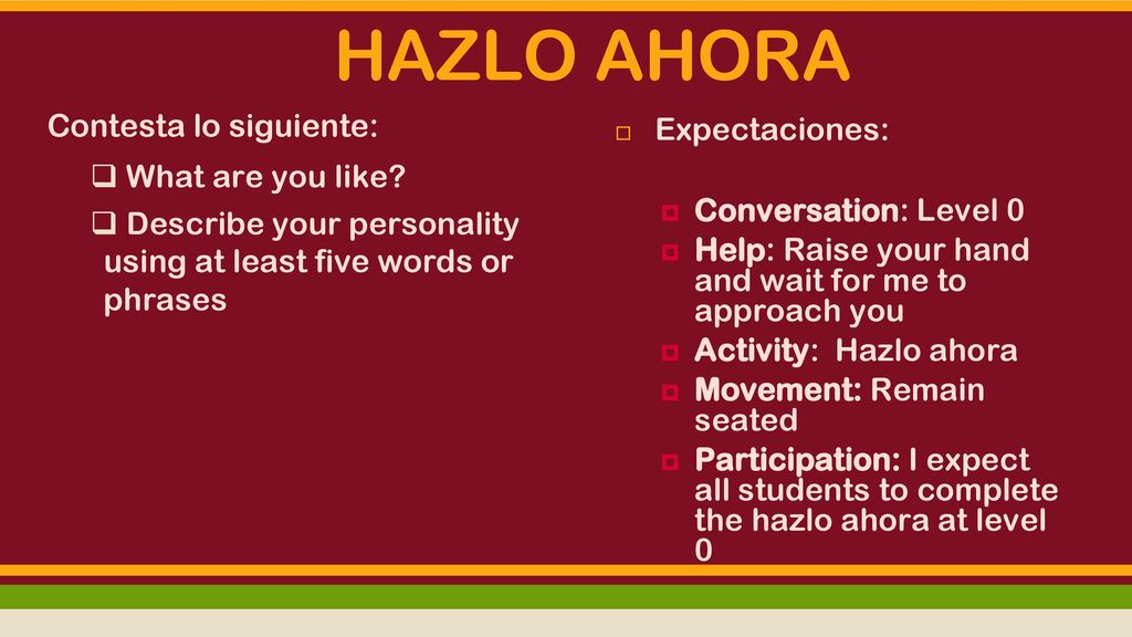 HAZLO AHORA Contesta lo siguiente: What are you like Expectaciones: