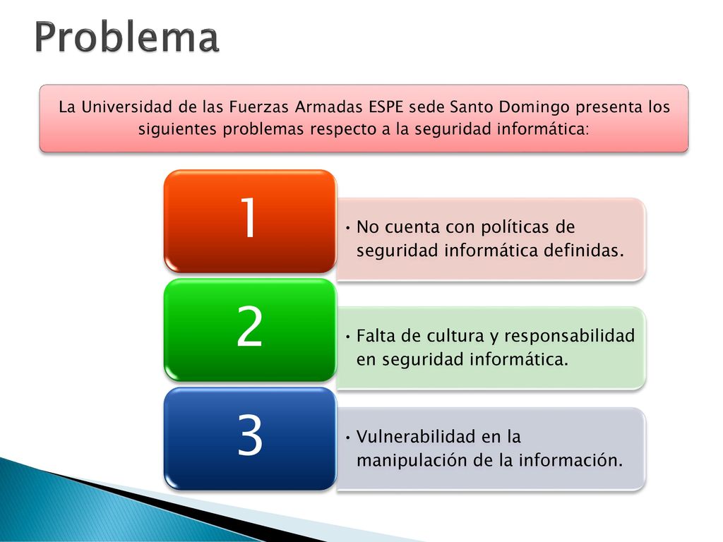 Problema La Universidad de las Fuerzas Armadas ESPE sede Santo Domingo presenta los siguientes problemas respecto a la seguridad informática: