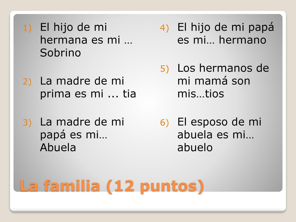 La familia (12 puntos) El hijo de mi hermana es mi … Sobrino