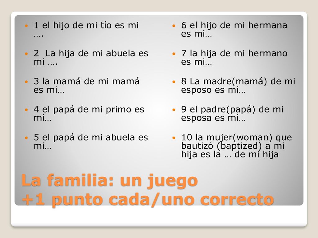 La familia: un juego +1 punto cada/uno correcto