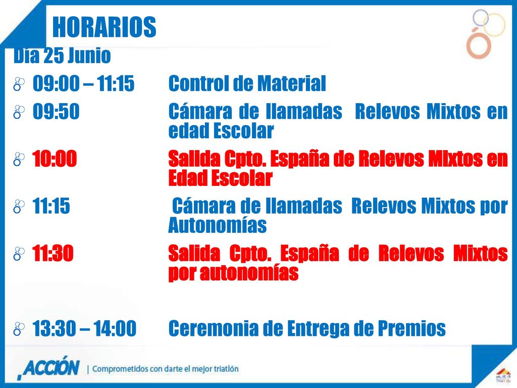 HORARIOS Día 25 Junio 09:00 – 11:15 Control de Material