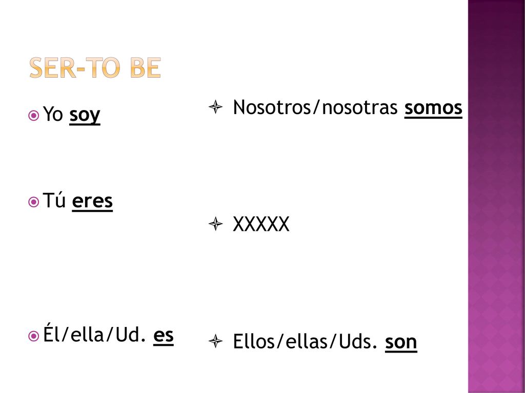Ser-to be Nosotros/nosotras somos Yo soy Tú eres XXXXX Él/ella/Ud. es
