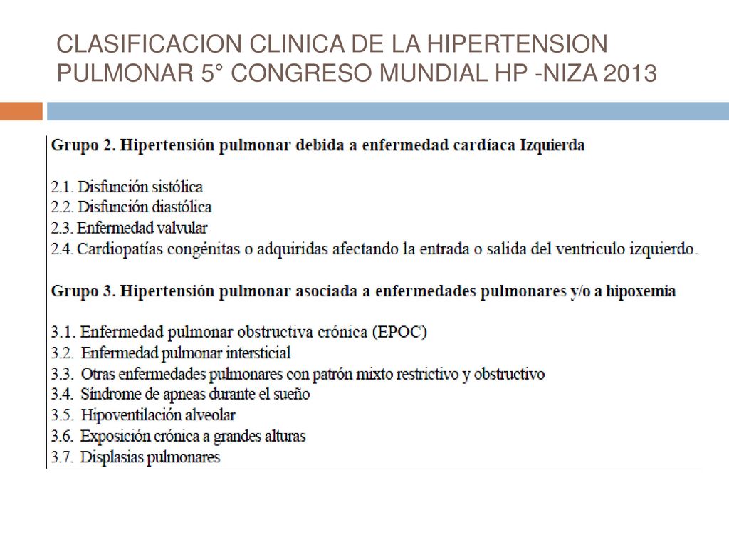 CLASIFICACION CLINICA DE LA HIPERTENSION PULMONAR 5° CONGRESO MUNDIAL HP -NIZA 2013