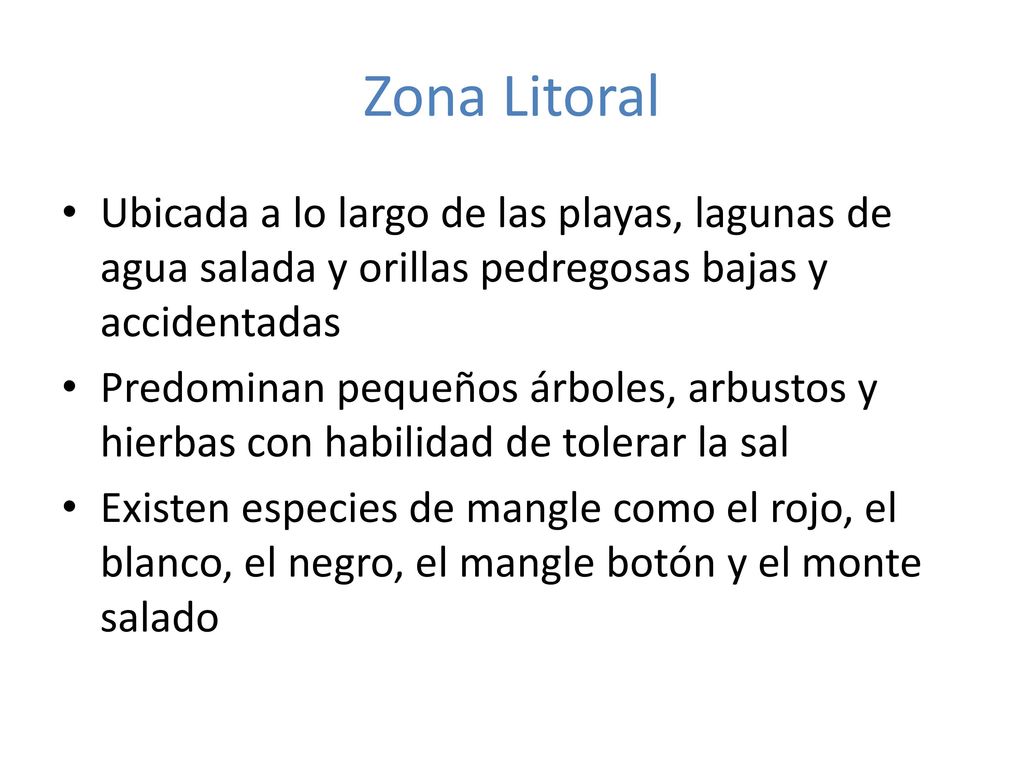 Zona Litoral Ubicada a lo largo de las playas, lagunas de agua salada y orillas pedregosas bajas y accidentadas.